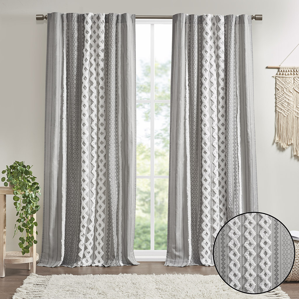 INK+IVY 100% Cotton Printed Curtain Panel with Chenille Stripe Lining Home Decor - Picture 9 of 34
