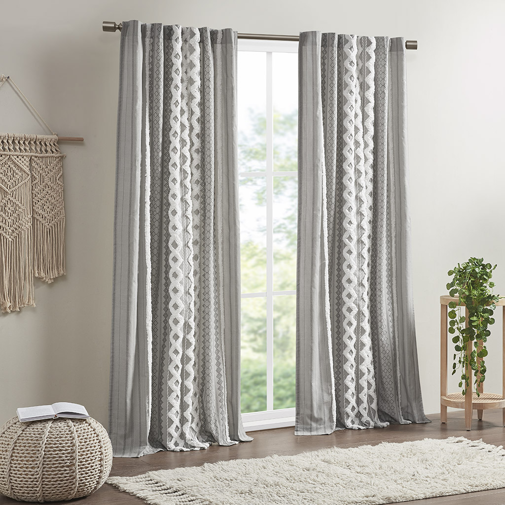 INK+IVY 100% Cotton Printed Curtain Panel with Chenille Stripe Lining Home Decor - Picture 11 of 34