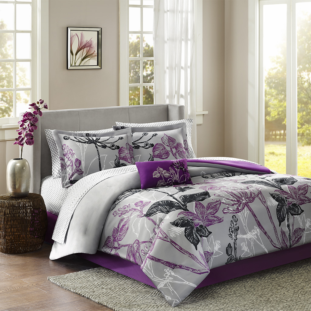 purple and grey queen bedding