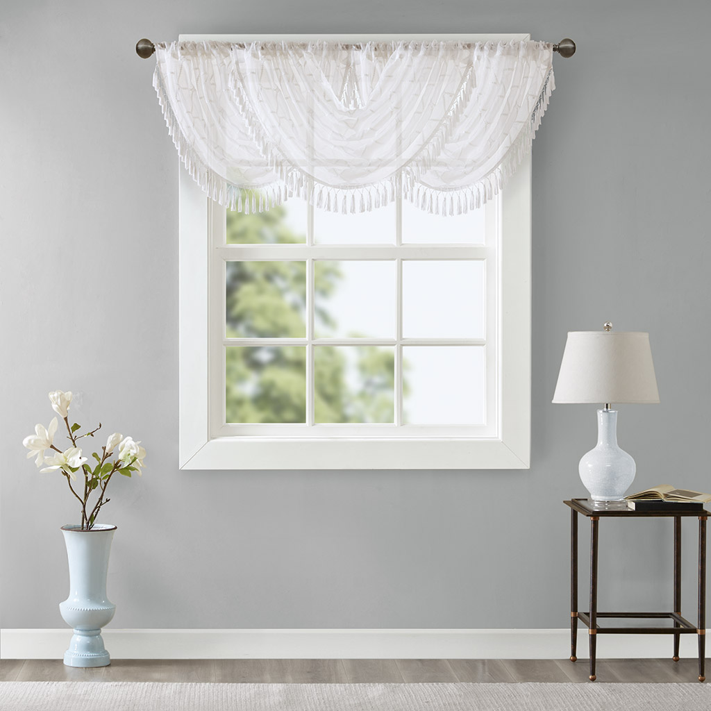 Madison Park Diamond Lightweight Sheer Embroidered Waterfall Valance Home Decor