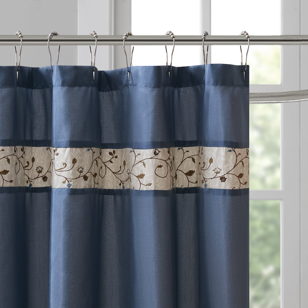 Madison Park Faux Silk Embroidered Floral Shower Curtain With Navy Mp70